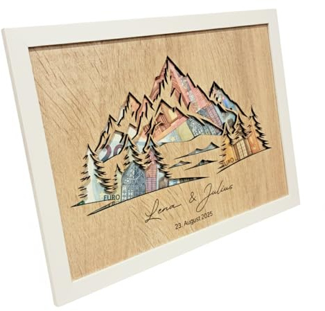 Generisch Geschenkverpackung Geld Berge Alpen Hochzeit Flitterwochen personalisiert – Reise Weltreise Motiv aus Holzdekor Eiche im Bilderrahmen – Geldscheinhalter mit Namen & Datum