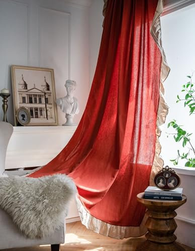 Musihy Scheibengardinen Landhausstil, 150x280cm Einfarbig mit Rüschenrand Lichtfilternde Vorhänge für Schlafzimmer Wohnzimmer aus Baumwolle, Orange, Rod Pocket