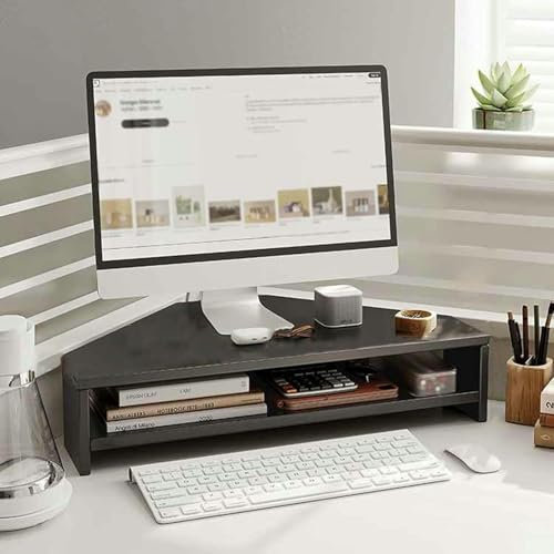 FHPEWXDG Monitorständer, Eck-Aufbewahrungsständer für Computerbildschirme aus Holz, ergonomische 2-stufige Laptop-Monitorablage, platzsparender dreieckiger Schreibtischaufsatz für das Home Office