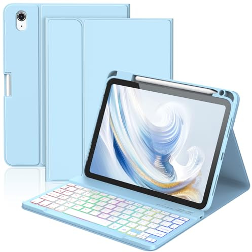 KBCASE Keyboard Case for iPad A16 11th Generation 11 Inch/10th Gen 10.9 | 7 Color Backlit Magnetic Bluetooth Keyboard Cover With Pencil Holder for iPad 11th 2025/10th Generation 2022,UK Layout, Blue