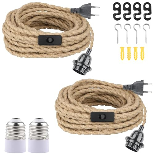 BlueXP 2 Pièces 6m Douille de Lampe E27 Vintage avec Interrupteur et Câble | Chanvre Tressée Vintage Anneau à Vis pour DIY Lampe Suspension Industrielle pour Salon Chambre Bar
