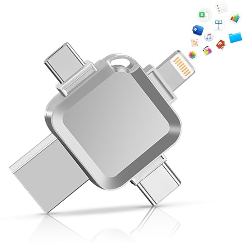 Memory Stick 128GB, 4 in 1 Photo Stick for iPhone, Universal Photo Backup Stick USB Flash Drive with Lightning+Micro USB+Type-C+USB Memory Sticks Metal Thumb Drives Waterproof