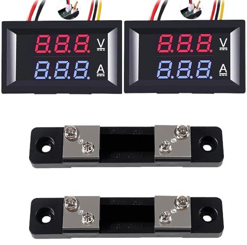 Greluma 2 Piezas Voltímetro amperímetro digital de 0,28'', DC 0-100 V, 50 A, pantalla LED doble roja y azul, medidor de corriente y voltaje, comprobador 2 en 1 con derivación de 50 A