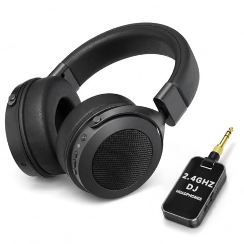Rumoon 2.4GHz Wireless Headphones for Bass Guitar, 20ms Low Latency, Wireless Over Ear Headphones with 6.35mm & 3.5mm Jack for Studio Monitor & Mixing DJ AMP Keyboard, Pure Black