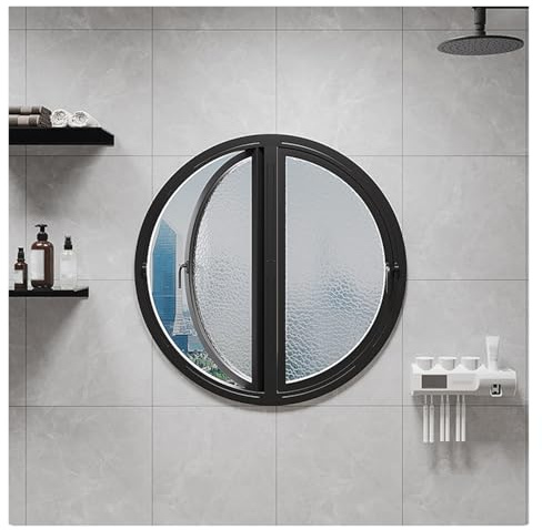 Kellerfenster Schiebefenster Runde Drehfenster, Größen Nach Maß Lüftungsfenster Für Schlafzimmer, Küche, Badezimmer Und Wohnzimmer, Aluminium-Drehflügelfenster Mit Griff(Black-B-diameter,80cm/31.5in)