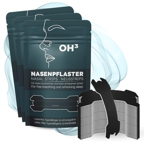 OH3 Nasenpflaster - 90 Stück gegen Schnarchen & verstopfte Nase - Anti-Schnarch Strips für Sport & Schlaf - Hautfreundlich, atmungsaktiv & angenehm zu tragen