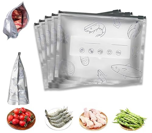 Foil Bags,Reusable Aluminum Foil Sealable Storage Bags, Resealable Vacuum Zipper Pouches for Food,Freezer Safe & Leak Proof Stand Up Storage Bags with Zipper for Meat Seafood Vegetables (10Pcs, L)