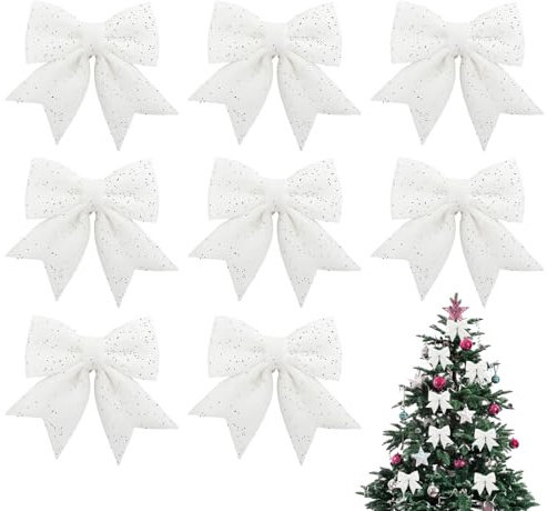 Weihnachtsbaumschmuck Weiß, 8 Stück Weiße Schleifen (12x15 cm), Christbaumschmuck Weiß für Weihnachtsbaum, Weihnachtsschleifen Outdoor