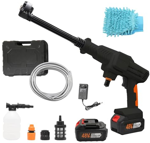 Rondella ad alta pressione, max 120 bar, pressure Washer, 2 batterie agli ioni di litio portatile, con tubo da 5 m, ugello girevole 6 in 1 e 180°, spruzzatore di schiuma, ecc