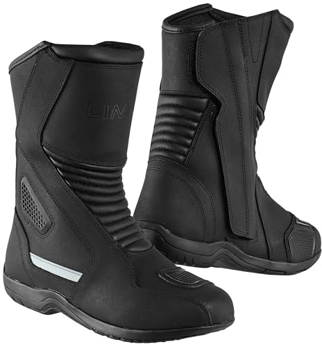 LIMA MOTO Stivali da moto da uomo in vera pelle omologati CE, impermeabili, suola in gomma antiscivolo, protezione rinforzata, Nero Fiamma, 39 1/3 EU