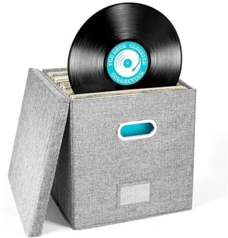 WAJJWI Vinyl Record Storage Box Case for LP Album Linen Fabric Crate Cube Bins with Lid para Discos(Gray)