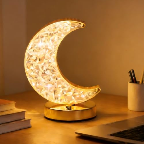 SKIKHN Halbmond Tischlampe,Ramadan Deko Laterne,Stufenlos Dimmbare LED Lampe mit 3 Farben,Wiederaufladbare Nachttischlampe, LED Mond Tischlampe Kabellos für Nachttisch,Schlafzimmer, Wohnzimmer