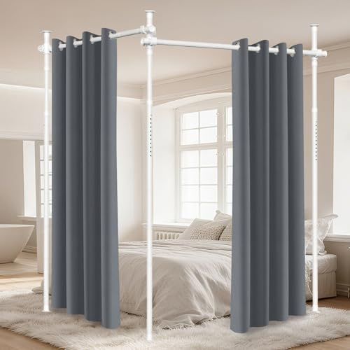 EikuavonsFreistehende Raumteiler Stange, Höhenverstellbar bis 320 cm, Ohne Bohren für Mietwohnung, Flexibler Sichtschutz & Trennwand, Metall Rahmen, Einfache Montage/Weiß