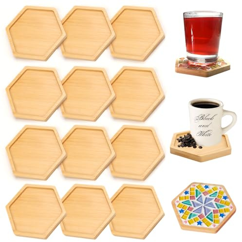 12 Stück 10cm Bambus Untersetzer sechseckig, Mosaik Untersetzer Bastelset, Leere Holzuntersetzer aus Bambus für DIY Mosaik Basteln, Getränke- & Tassenuntersetzer