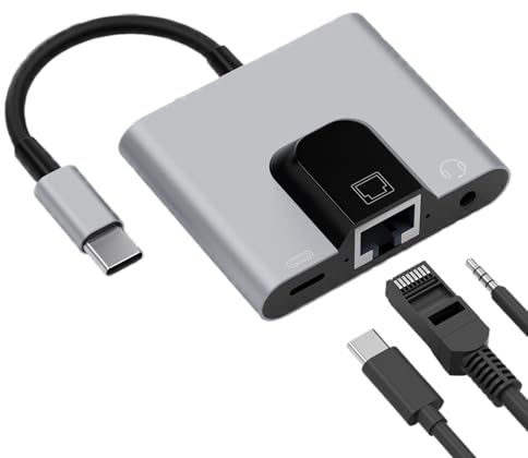 USB C to Ethernet Adapter - Gigabit RJ45 LAN Network 2 in 1 Type C Charge | 3.5mm Audio Jack Voice Calls Laptop Phone | 1000Mbps PD Power Supply Alloy Aluminum Travel Grey