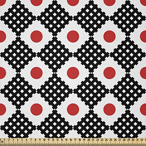 ABAKUHAUS Japonés Tela por Metro, Rejilla Rayas Y Cuadrados, Microfibra Decorativa para Artes y Manualidades, 10M (230x1000cm), Bermellón Negro Blanco