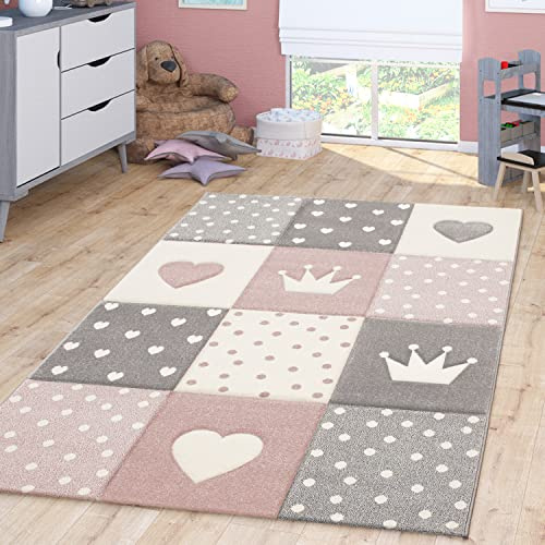 TT Home Kinderzimmer Teppich Junge Mädchen Kinderteppich Punkte Herz 3D Optik Pastell, Farbe:Pink, Größe:120x170 cm