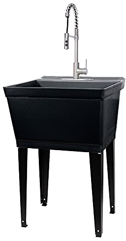 Utility Sink Extra-Deep Laundry Tub in Black with High-Arc Stainless Steel Coil Pull-Down Sprayer Faucet, Integrated Supply Lines, P-Trap Kit, Heavy Duty Floor Mounted Freestanding Wash Station