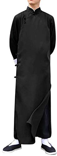 Men's Cotton Linen Kung Fu Suit Chinese Martial Arts Uniform Meditation Suit Roll-Up Sleeve Frog Button Shirt Pants Outfit (Only Robe-Black, L)