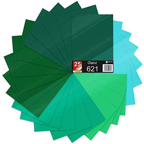 Finest Folia 25 x Din A4 Bögen Plotterfolie 621/631 Selbstklebende Folie im Set Vinyl zum Plotten DIY Bastelfolie Sticker Beschriftung Aufkleber 29,7x21cm (Grüntöne glanz, 25er Set)