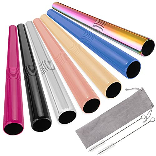 UNOLIGA 12mm Pailles en Inox Réutilisables Extra Larges pour Bubble Tea, 7 Couleurs Métalliques pour Cocktails, Smoothies, Milkshake et Boissons Chaudes (avec 2 Pinceaux de Nettoyage)