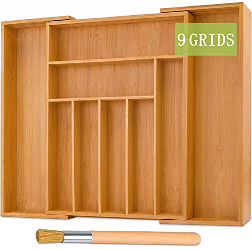 TWBEST Caja de cubiertos de bambú,Organizador de Cubiertos de Madera+1 cepillo de limpieza,Bandeja para cubiertos con 7 a 9 Compartimentos,Cubertero,32-52 * 41 * 5cm