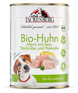 TACKENBERG 6 x 400 g (2,4 kg) Bio-Hühnchen mit Reis, Steckrübe und Petersilie Nassfutter Dose für Hunde - Hundefutter in Premiumqualität
