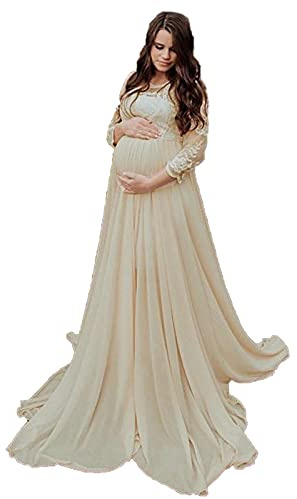Yajun Spitze Umstandskleid Fotografie Kleider Maxikleid Elegante Frauen Lange Schwangerschaft Kleidung Für Baby Shower Plus Size Gown,Beige,L(Bust:101cm)