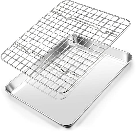 10.4 Inch Baking Sheet Pan with Cooling Rack Set, Joyfair Stainless Steel Toaster Oven Tray Pans with Grid Racks, Rectangular Bakeware for Cookie/Bacon, Heavy Duty & Rust-free, Dishwasher Safe
