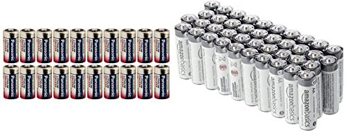 Panasonic CR123A - 3V Lithium Battery - Pack of 20 Bulk Batteries & Amazon Basics AA Alkaline Batteries, Industrial Double A, 5-Year Shelf Life, 40-Pack