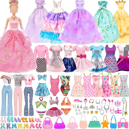 44 Pcs Vêtements & Accessoires de Poupée 2 Robes Chic 2 Robes de soirée 2 Tenues(Top+ Pantalons) 10 Mini Robes 3 Bikini 10 Paires Chaussures 15 Accessoires pour Poupée Fille de 11,5 Pouce