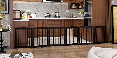 PUPETPO Freestanding Pet Gate for Dogs, Foldable Wooden Dog Gate for House, Extra Wide Indoor Pet Barrier for Stair, Doorway, Hall, Support Feet Included, 120 Inch Wide, 6 Panels 24, Brown