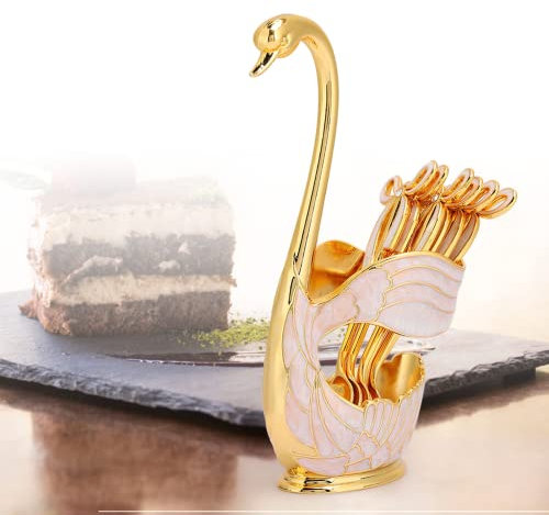 Kaffeelöffel-Set, 11 Cm Lang, 6 Kaffeelöffel mit 8 Cm X 15,5 Cm Schwanen-Kaffeelöffelhalter, Hochglanzpoliertes Design, Dessert-Zuckerlöffel-Set für Restaurants, Cafés, Geschenke(Goldenes Weiß)