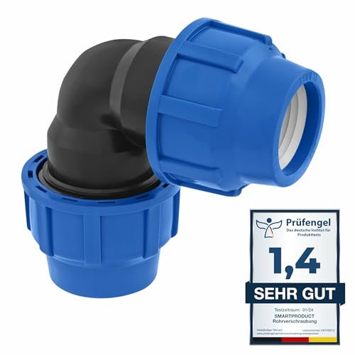 SmartProduct Raccordo a 90 gradi a Compressione 20 mm x 20mm – Raccordi per tubo dell’aqua a Gomito PP PN16 - Connettori per Tubi PE80, PE100 – 1 pezzo