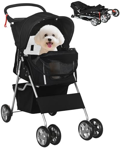 PawHut Pet Stroller Carrier Foldable Deluxe Jogger Walk Travel Dog Cat Black