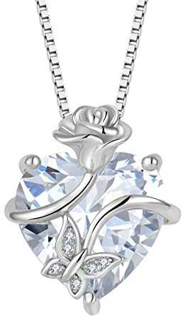 FJ Herz Geburtsstein Kette Damen 925 Sterling Silber Schmetterling Kette Anhänger mit Rose Blume Schmuck Geschenke für Frauen Mutter Freundin Mama