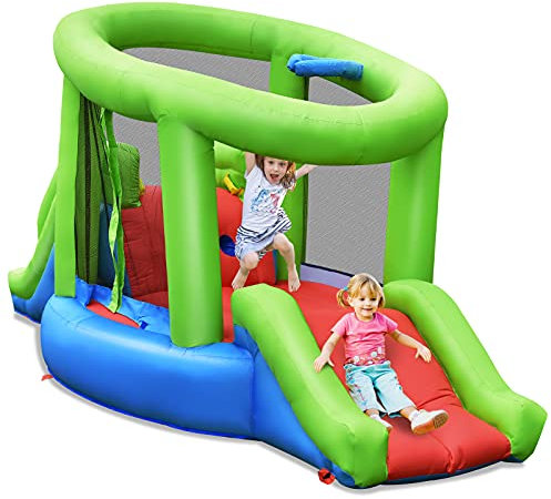 GOPLUS Aufblasbare Hüpfburg, Springburg mit 2 Rutschen & Basketballkorb, Spielhaus aus Oxford-Tuch für Kinder von 3-10 Jahren, Hüpfschloss in Schneckenform, 410x190x197 cm (Schnecke, Mit Gebläse)