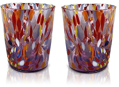 MAZZEGA ART & DESIGN - 2 Verres Tumbler en Verre Soufflé et Fait Main avec Murrine de Murano Raffinée et Originale - Les Couleurs de Murano - Modèle Tumbler 350 ml. Fabriqué en Italie