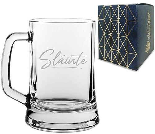 Engraved Novelty Beer Mug Tankard Stein with Slainte Script Design, Gift Box Included, Laser Engraved, Gift for Dad Grandad Uncle Friend Colleague, Add an Optional Personalised Message
