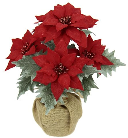 Flair Flower Poinsettie - Poinsettie in vaso di iuta, stella di Natale, decorazione natalizia, fiori artificiali, fiori artificiali, decorazione natalizia, ramoscello X'Mas, bouquet, idea regalo