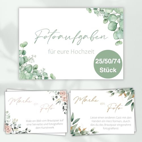 Fotoaufgaben Hochzeit, Fotospiel auch ohne Fotobox möglich, verschiedene Farben, für Gäste und Brautpaar (50 Stück)