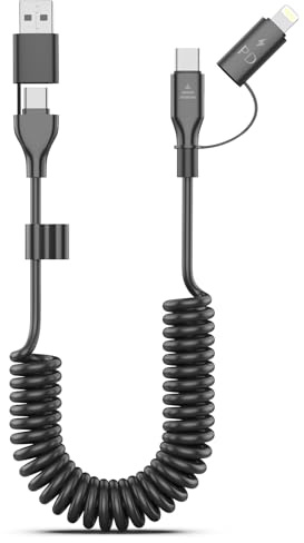 4 in 1 USB C and Lightning Cable, MFi Certified 60W Fast Charging & Data Sync Apple CarPlay Android Auto,Coiled Multi Charger Cable Lightning/Type C/USB A Ports for iPhone 15 14 13 Android/iPad/Laptop