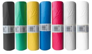 Kit reciclaje PLUS 7 rollos bolsas basura 120 Lt 85x105 colores negro, verde, amarillo, azul, rojo, blanco y transparente