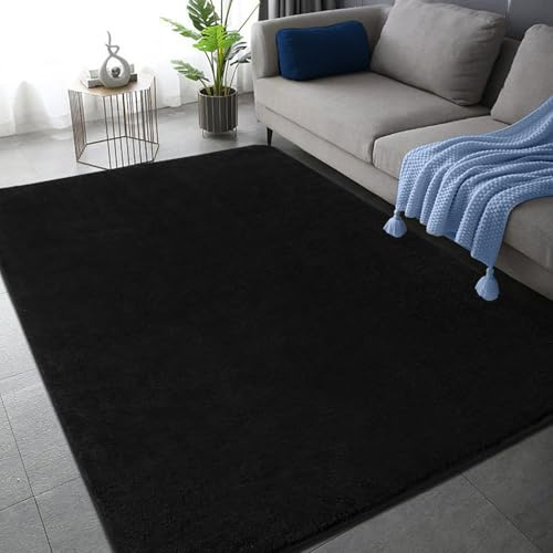 Rururug Tapis moderne à poils longs super doux pour salon, chambre à coucher, tapis moderne à poils épais, lavable en machine, antidérapant - Noir - 120 x 170 cm