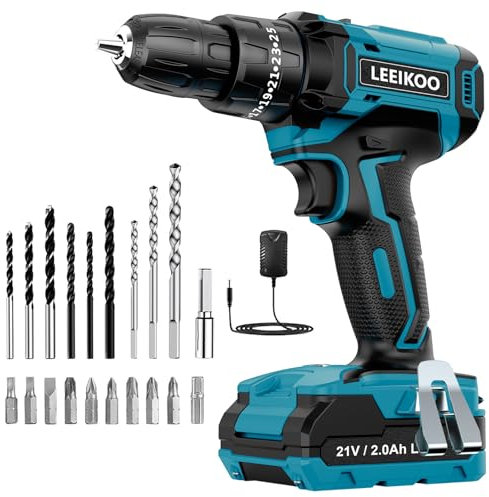 Trapano Avvitatore Batteria 21V, LEEIKOO Avvitatore a Batteria con Batterie 2.0Ah, 42N.m Avvitatore Elettrico, 25+3 Coppie, 2 Velocità, LED Luce, 24PCS Accessori per Casa Progetto, Fai da te