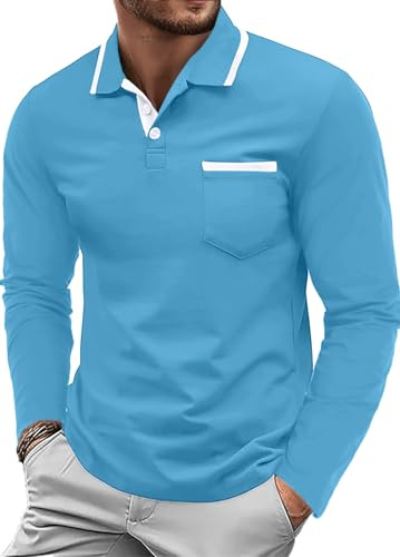 QIXING Herren Poloshirt Langarm Golf Polo Klassisches Baumwoll-Polo mit Brusttasche Casual Polo T-Shirt Pullover