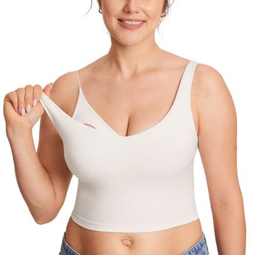 MOMANDA Nursing Tank Top V Neck Sports Tank with Built in Bra Padded Breastfeeding Sleeveless Crop Tops Iceland White M