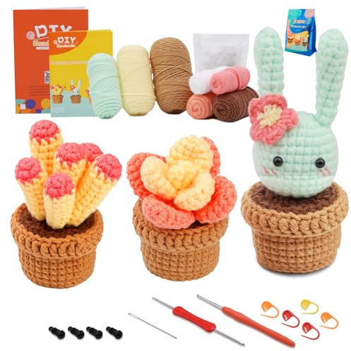 Yixinly Häkelset Anfänger, 3 Stück Kaktus Häkelset für Anfänger Komplett Stricken für Anfänger Set Crochet Set für Kinder Erwachsene DIY Häkel Set mit Anleitung, Kaktus Stricken für Anfänger (Stile 2)