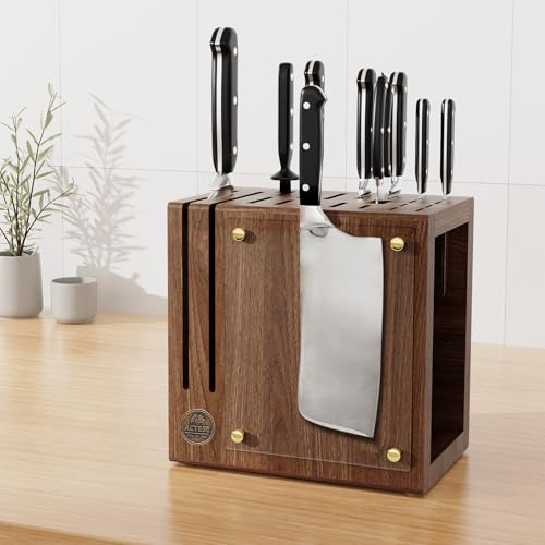 Magnetic Knife Block with Glass Cover - Universal Walnut Wood Knife Holder for Safe Knife Storage -Magnetic Knife Holder and Organizer(Knives not included)