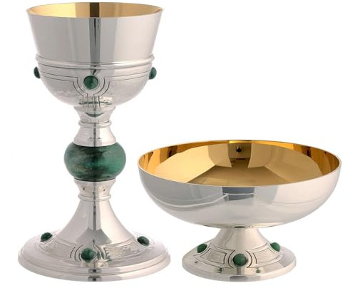 Holyart Kelch - Ziborium - Hostienschale, Metall versilbert, Knoten aus Cabochon Aventurin, Molina, Hostienschale